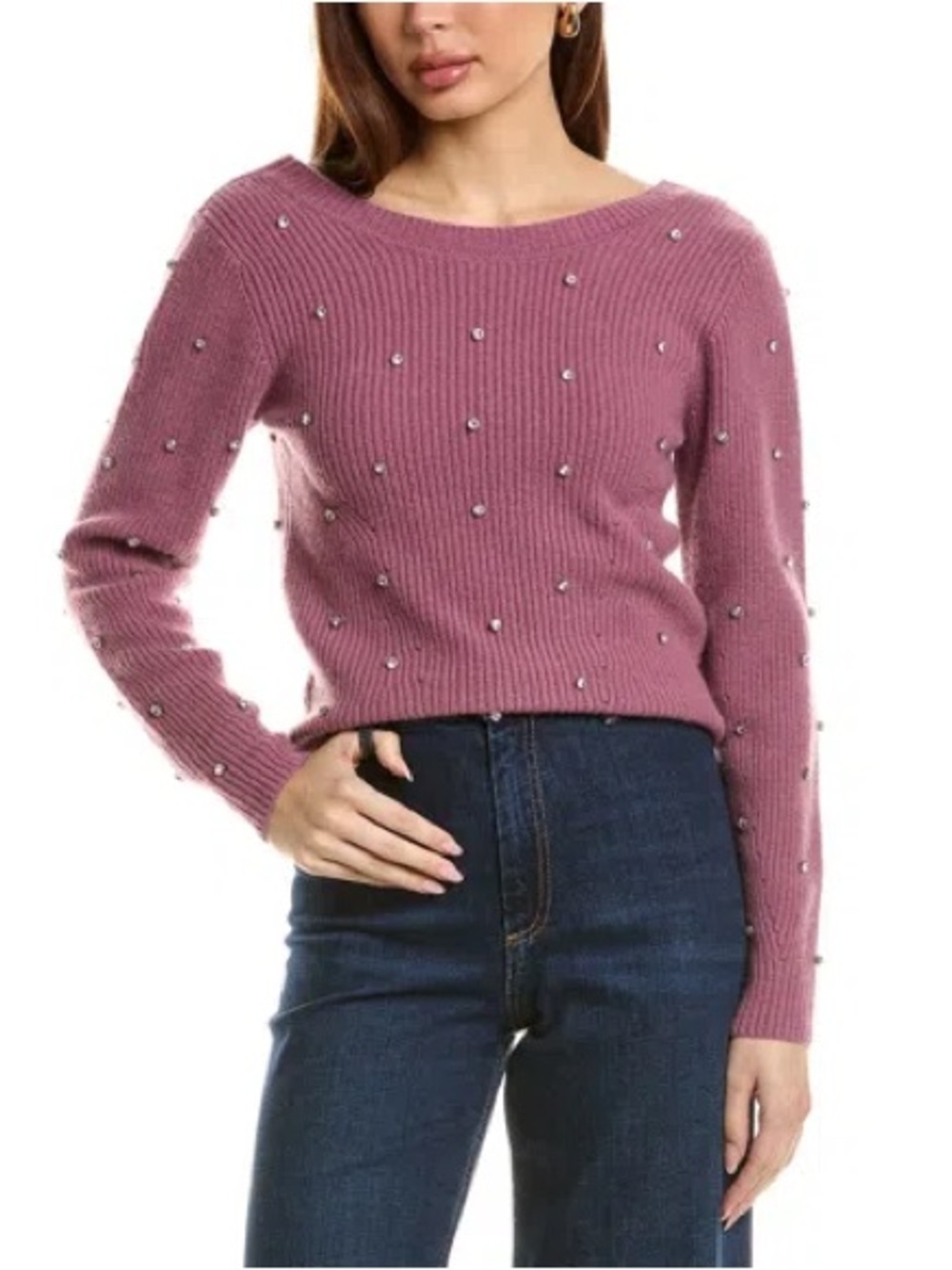 Embellished Mauve Ribbed Knit Sweater 100% CASHMERE
